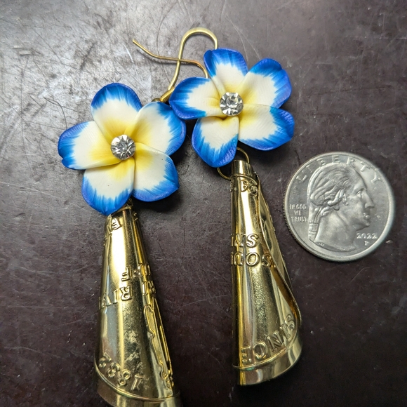 Native American Jewelry - Blue & White Flower Jingle Cone Earrings
